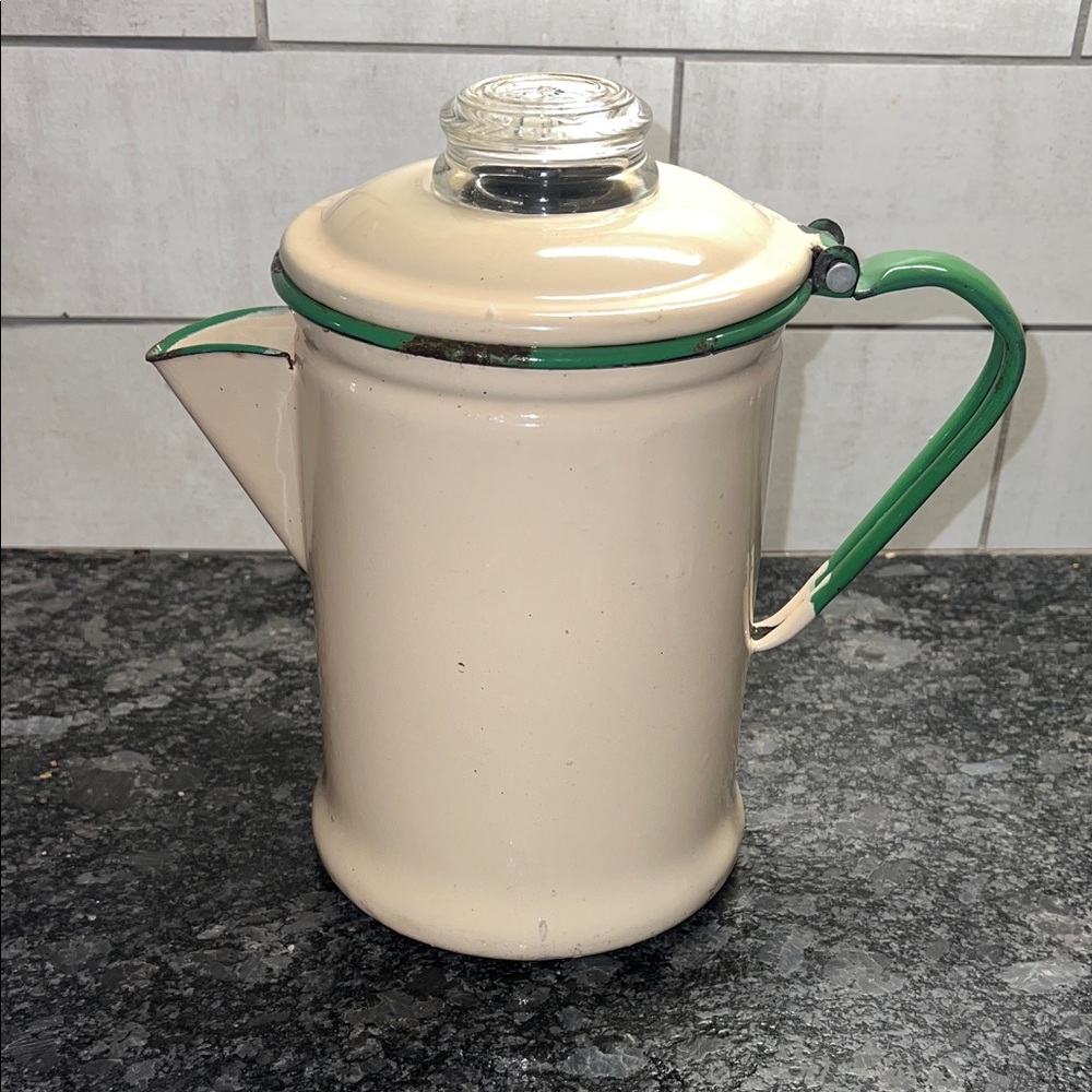 Vintage Pyrex Cream and Green Enamel Coffee Pot.  Camping Collectors Item